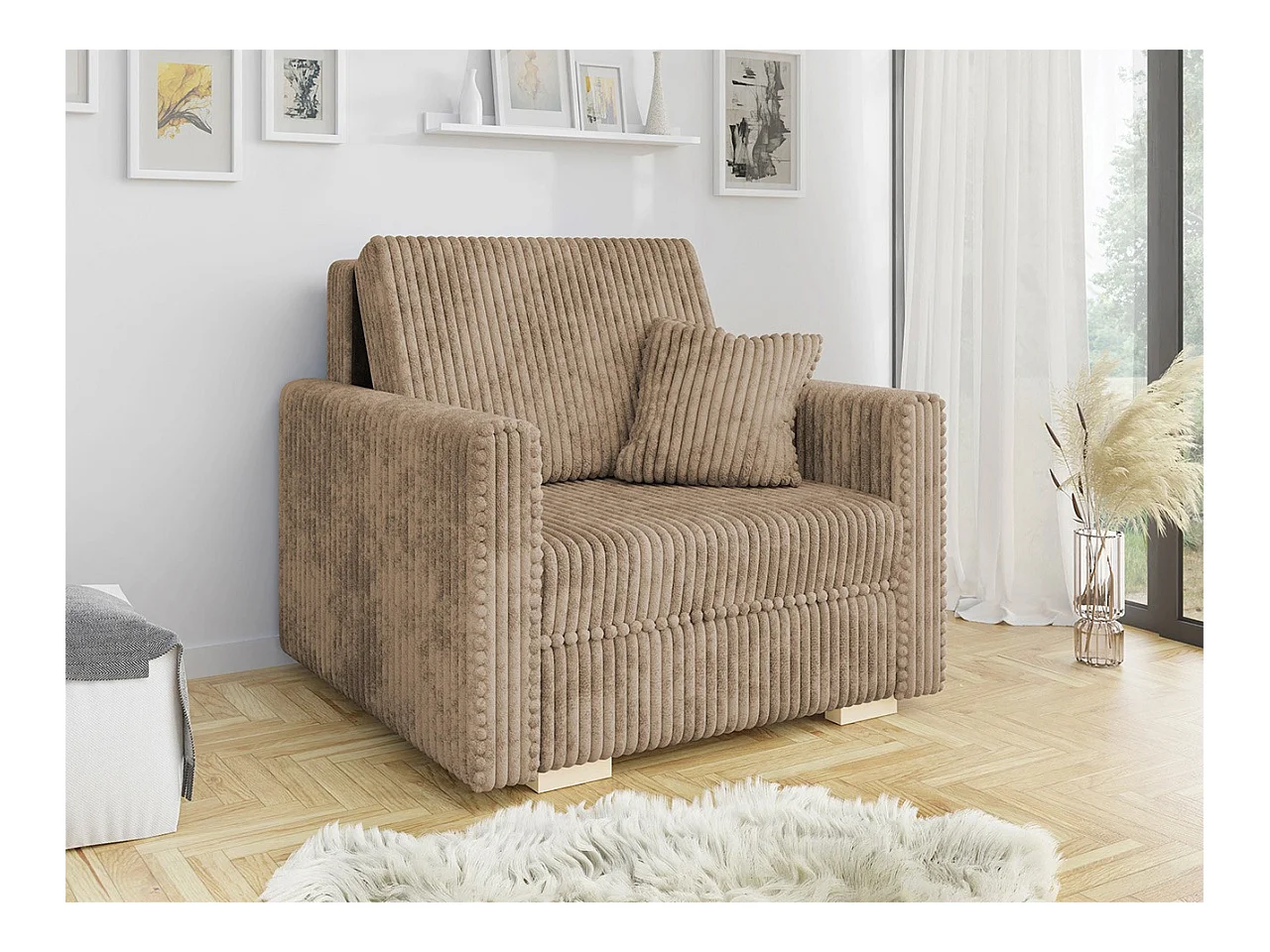 Fauteuil Columbus 207, Brun clair, 85x103x100cm, Tapisserie, Pieds: Bois