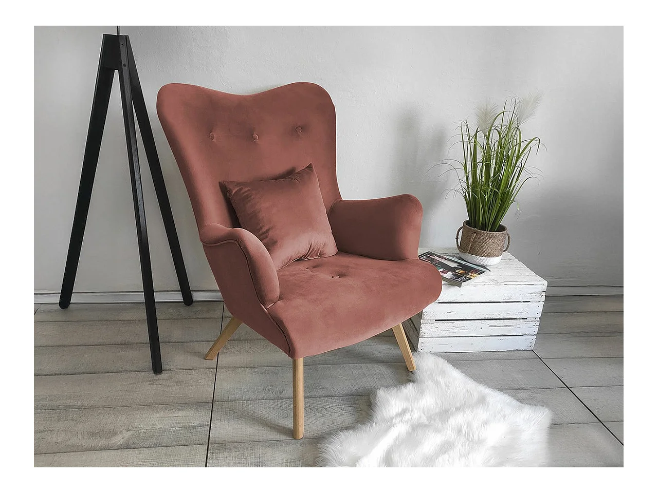 Fauteuil Clovis 102, Rose, 100x76x90cm, Tapisserie, Pieds: Bois