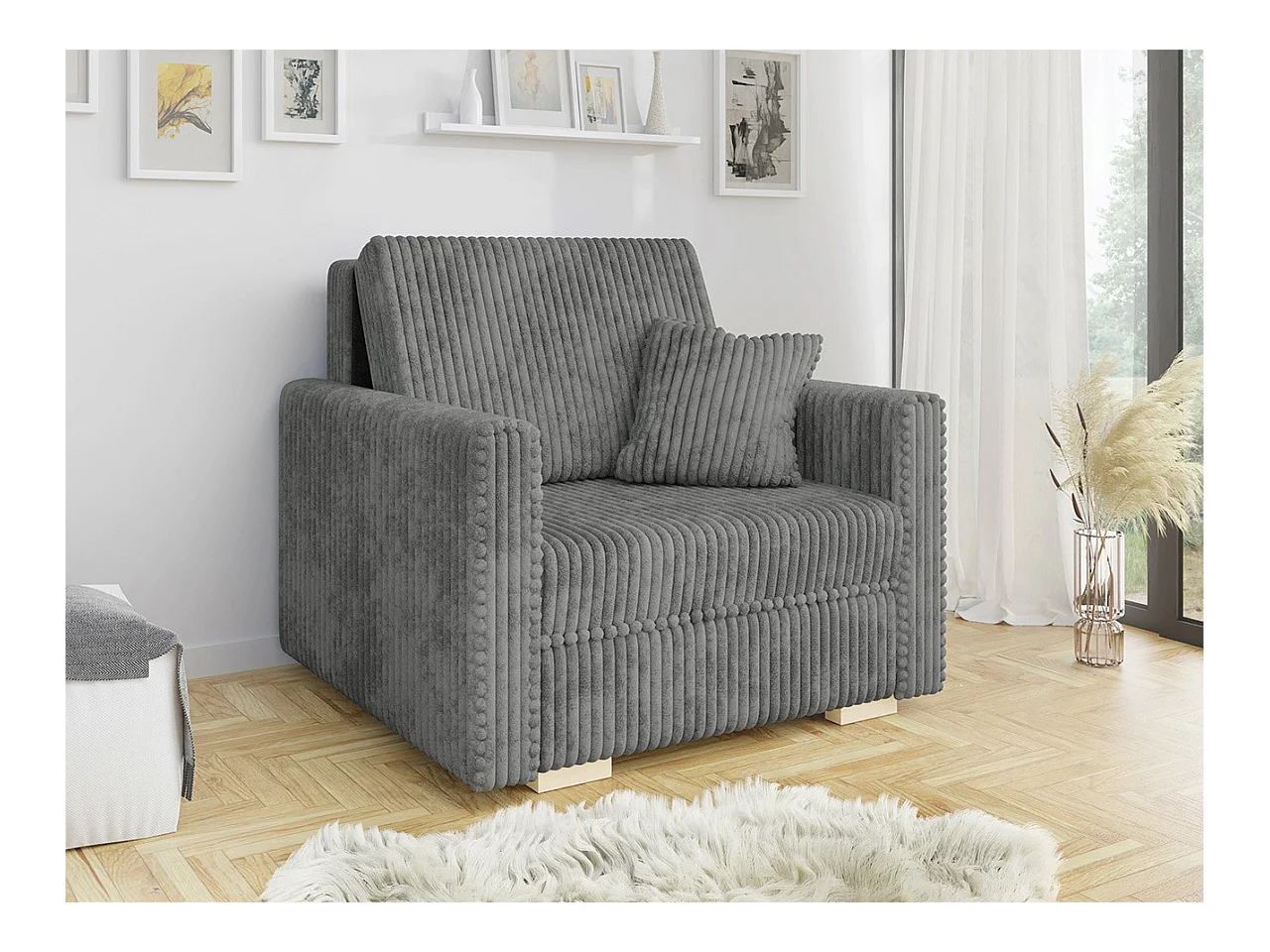 Fauteuil Columbus 207, Gris, 85x103x100cm, Tapisserie, Pieds: Bois