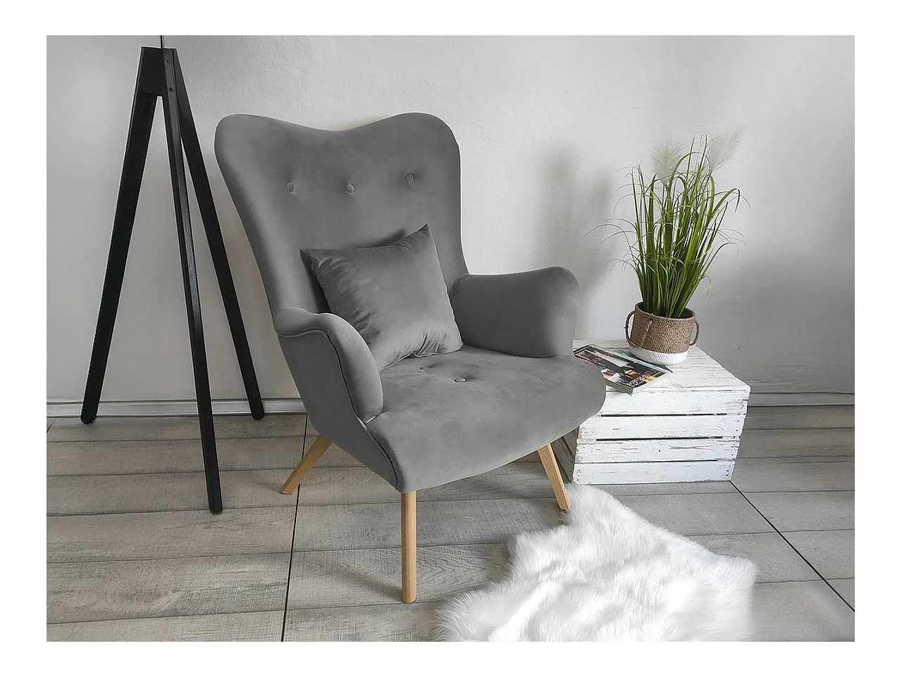 Sillón Clovis 102, Gris, 100x76x90cm, Tapiz, Patas: Madera