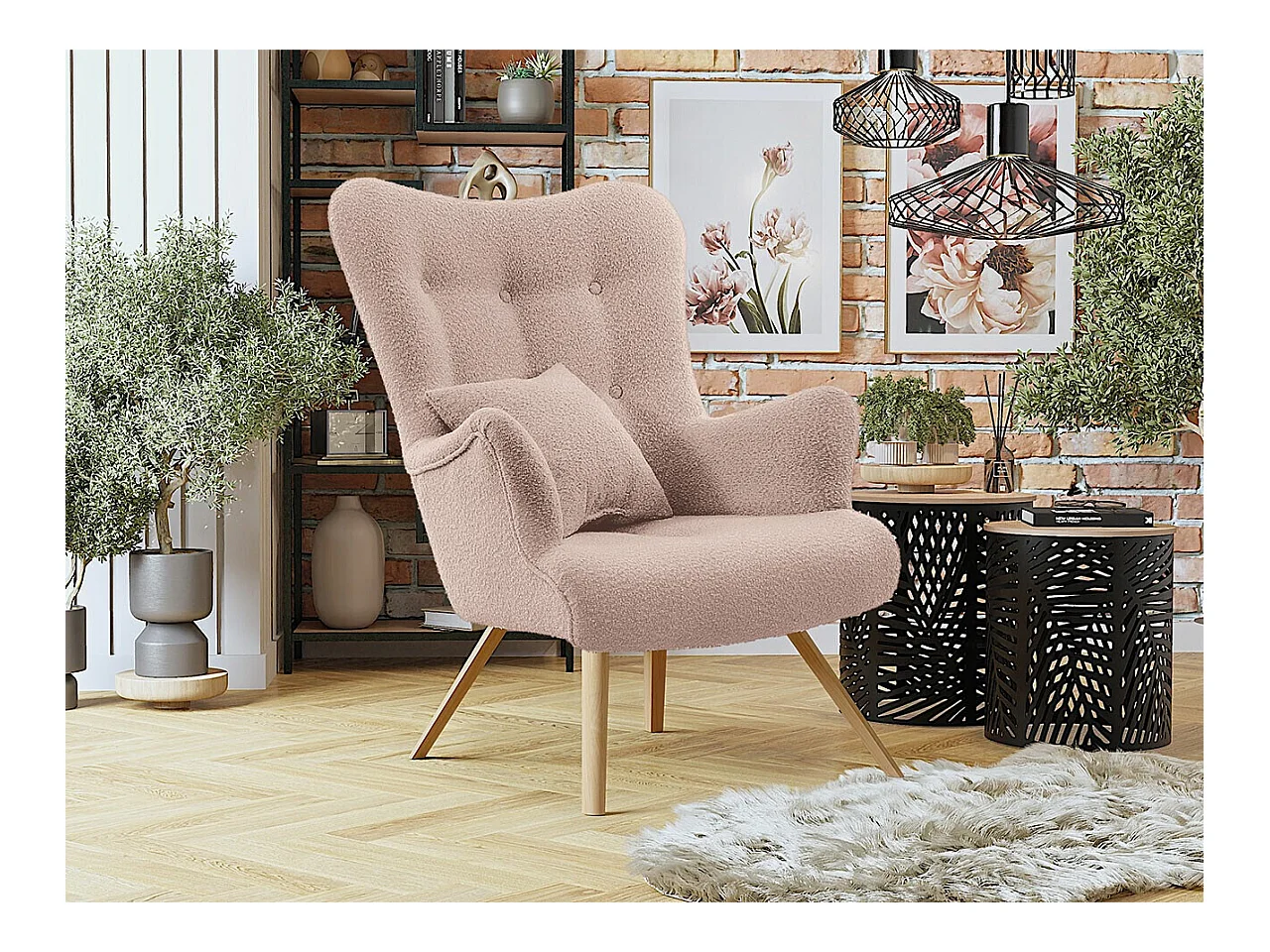 Fauteuil Clovis 106, Rose, 100x76x90cm, Tapisserie, Pieds: Bois