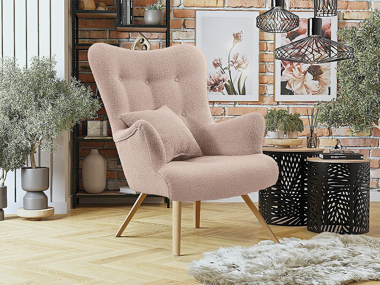 Sillón Clovis 106, Rosa, 100x76x90cm, Tapiz, Patas: Madera