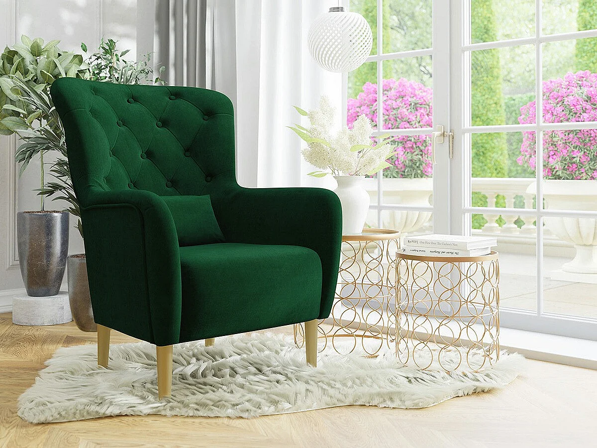 Fauteuil Orem 113, Vert, 105x82x89cm, Tapisserie, Pieds: Bois