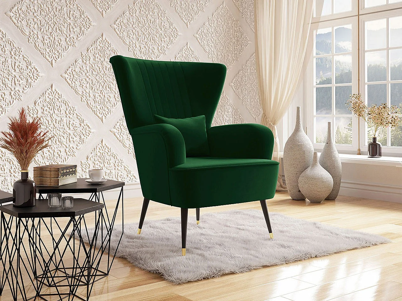 Poltrona Orem 111, Verde, 103x82x85cm, Arazzo, Gambe: Metallo