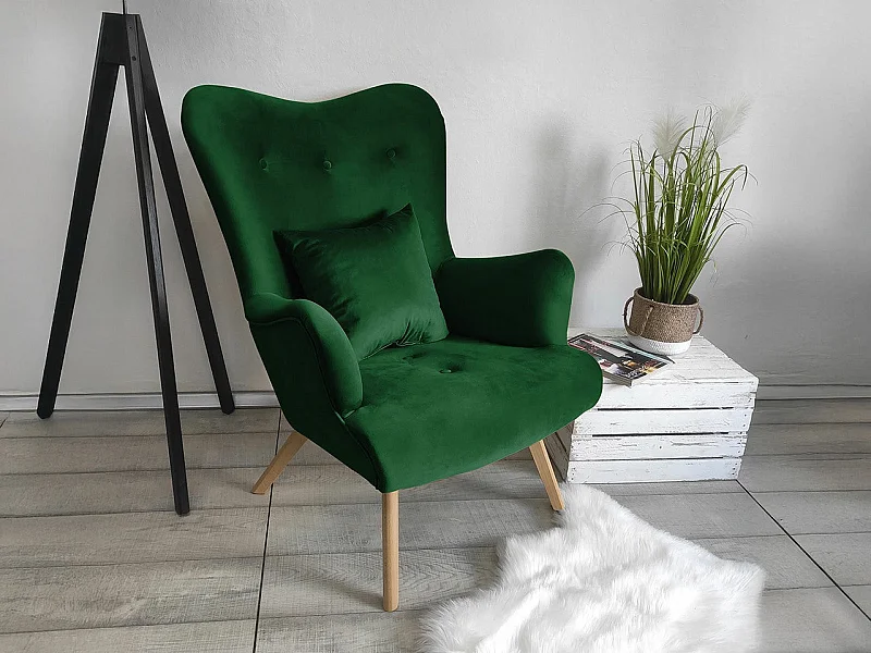 Fauteuil Clovis 102, Vert, 100x76x90cm, Tapisserie, Pieds: Bois