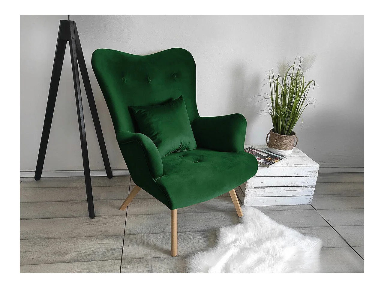 Fauteuil Clovis 102, Vert, 100x76x90cm, Tapisserie, Pieds: Bois