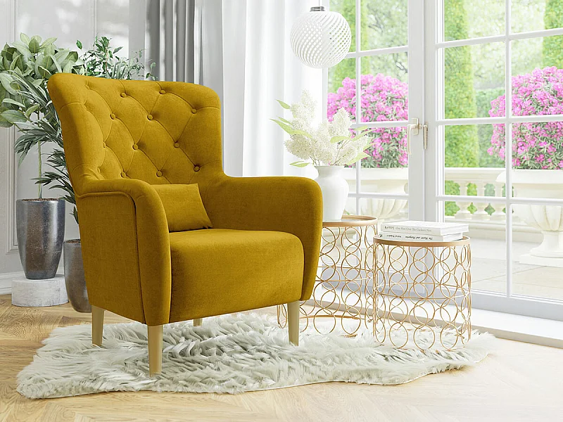 Fauteuil Orem 113, Jaune, 105x82x89cm, Tissu, Pieds: Bois