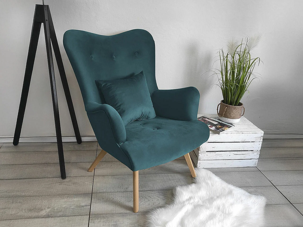 Fauteuil Clovis 102, Turquoise, 100x76x90cm, Tapisserie, Pieds: Bois