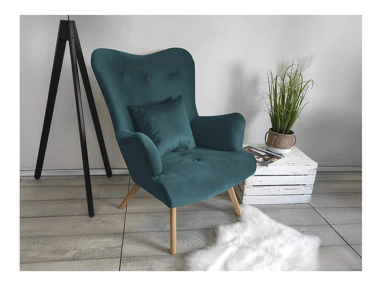 Sillón Clovis 102, Turquesa, 100x76x90cm, Tapiz, Patas: Madera