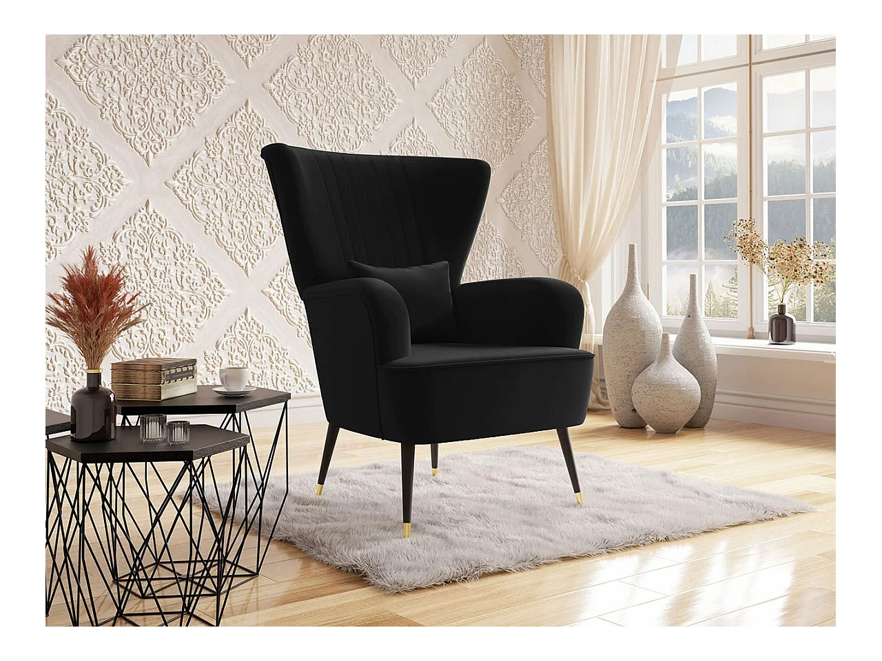 Fauteuil Orem 111, Noir, 103x82x85cm, Tapisserie, Pieds: Métal