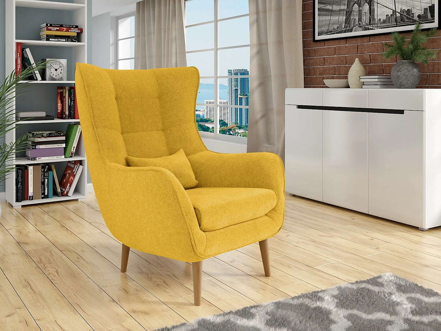 Fauteuil Comfivo 204, Jaune, 106x80x95cm, Tissu, Pieds: Bois