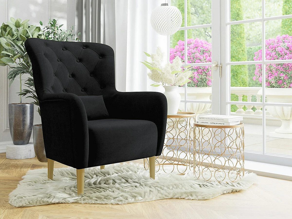 Fauteuil Orem 113, Noir, 105x82x89cm, Tapisserie, Pieds: Bois