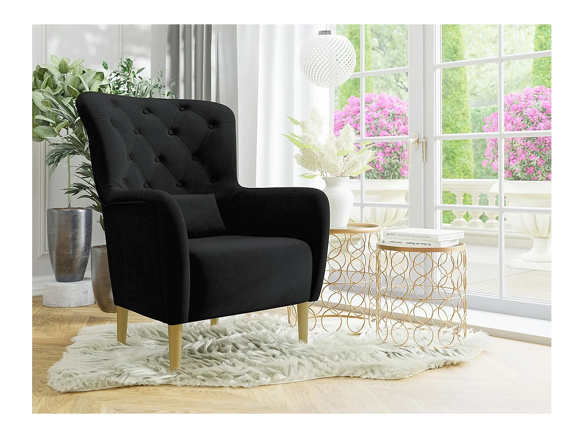 Fauteuil Orem 113, Noir, 105x82x89cm, Tapisserie, Pieds: Bois
