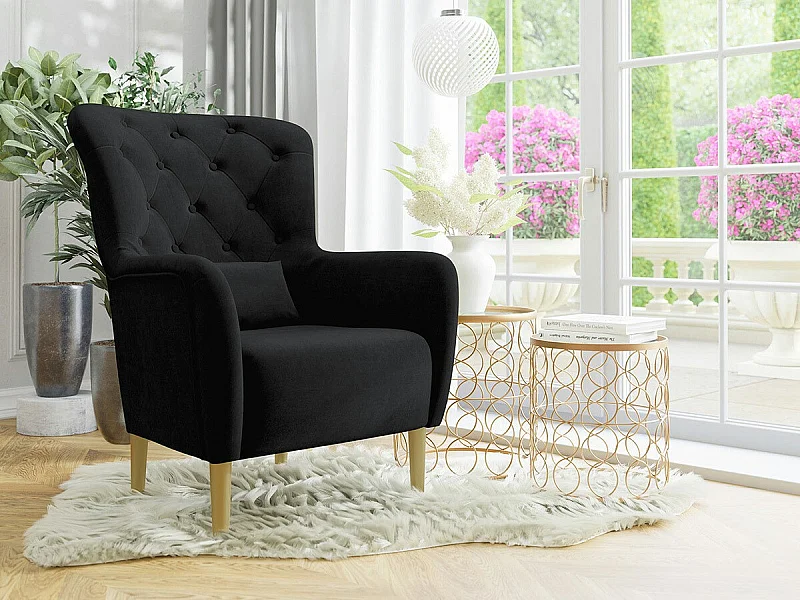 Fauteuil Orem 113, Noir, 105x82x89cm, Tissu, Pieds: Bois