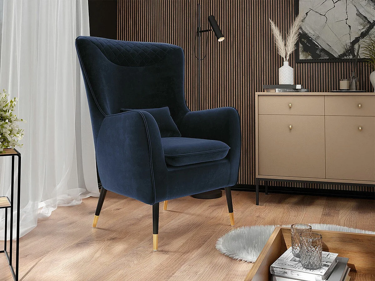 Fauteuil Orem 114, Bleu, 103x79x87cm, Tapisserie, Pieds: Métal