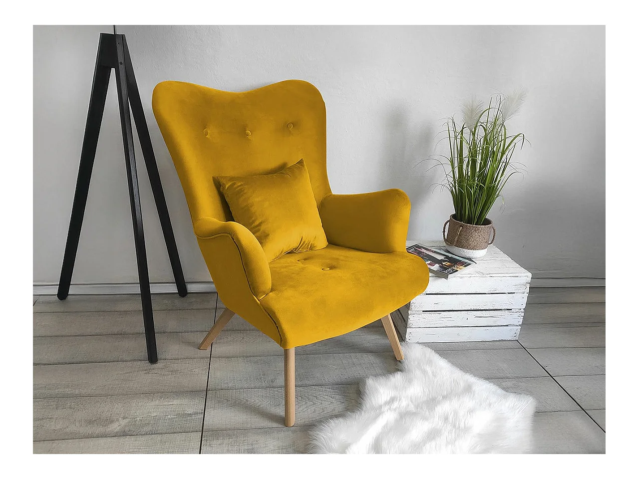 Fauteuil Clovis 102, Jaune, 100x76x90cm, Tapisserie, Pieds: Bois