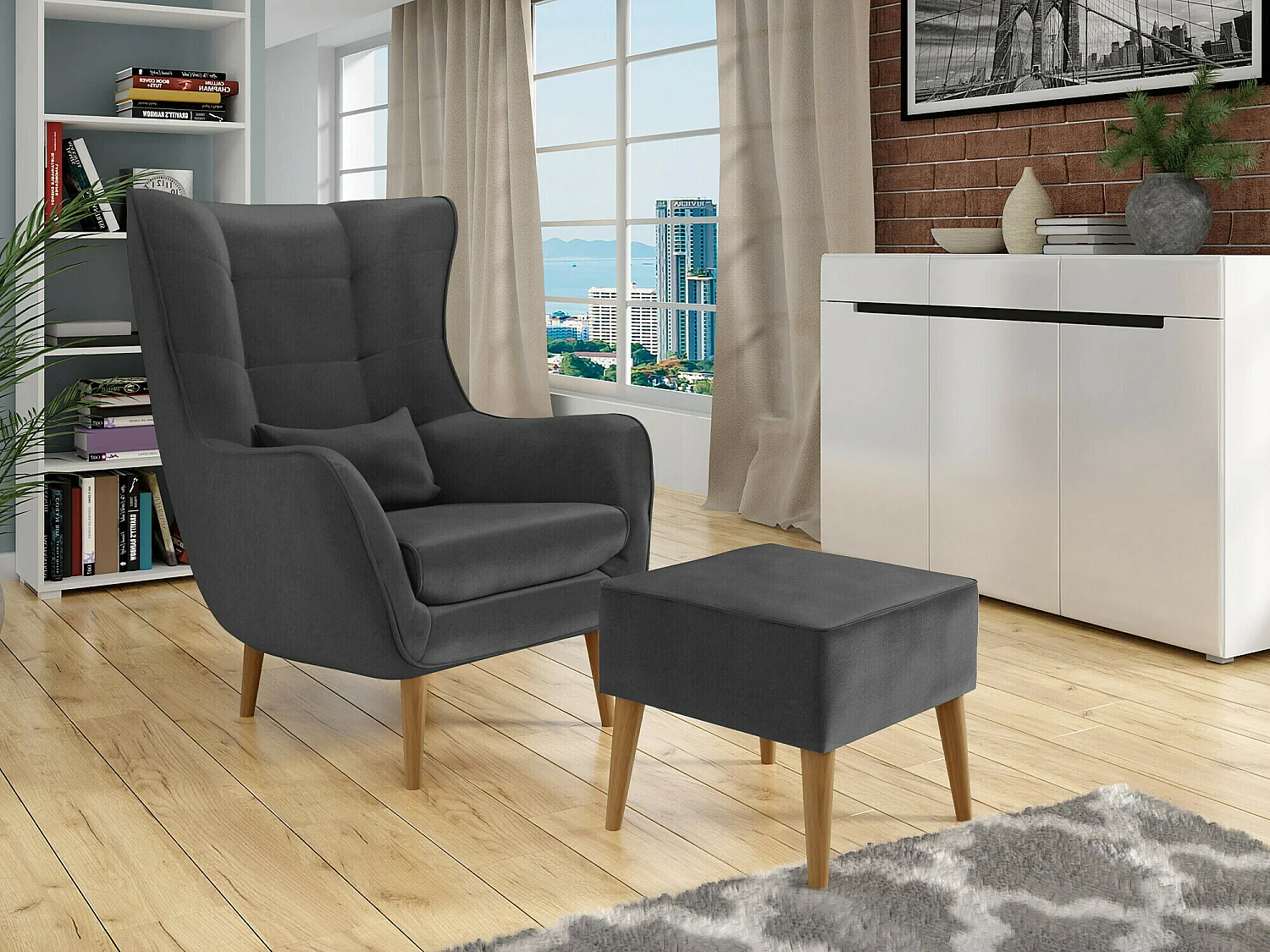 Fauteuil Comfivo 204, Gris, 106x80x95cm, Tapisserie, Pieds: Bois