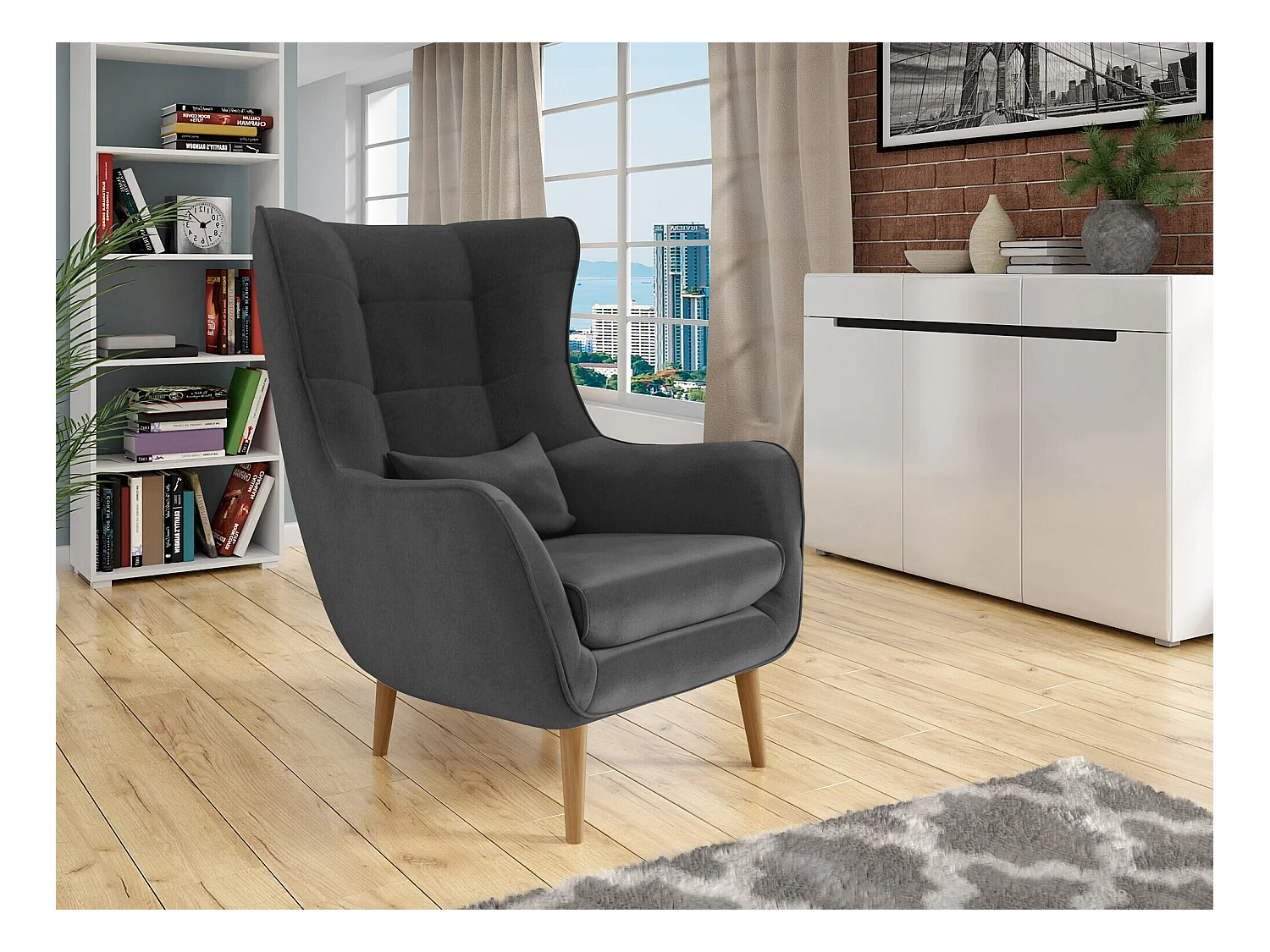 Fauteuil Comfivo 204, Gris, 106x80x95cm, Tapisserie, Pieds: Bois