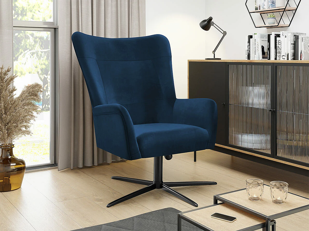 Fauteuil Marana 100, Bleu, 95x75x83cm, Tapisserie, Pieds: Métal