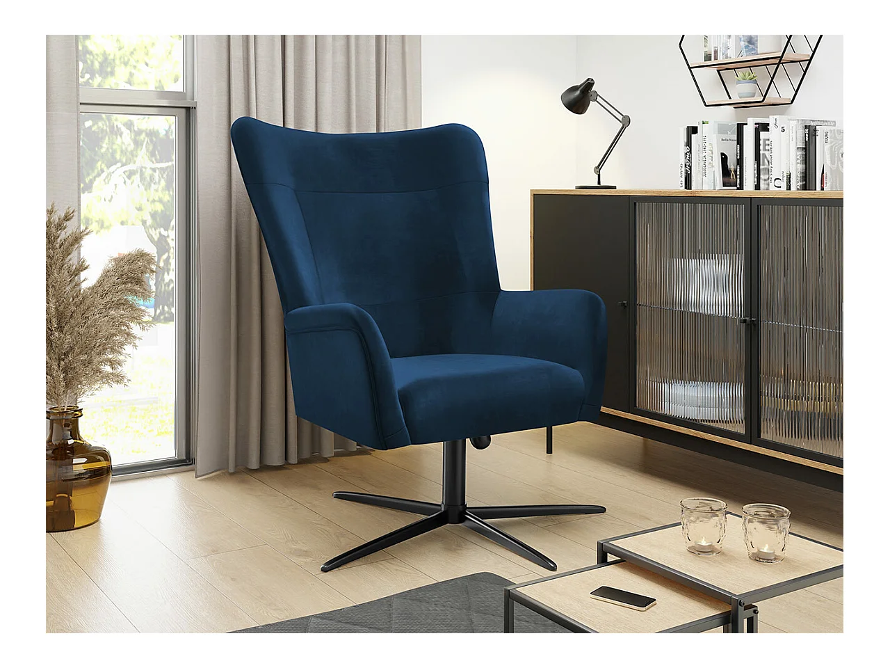 Sillón Marana 100, Azul, 95x75x83cm, Tapiz, Patas: Metal
