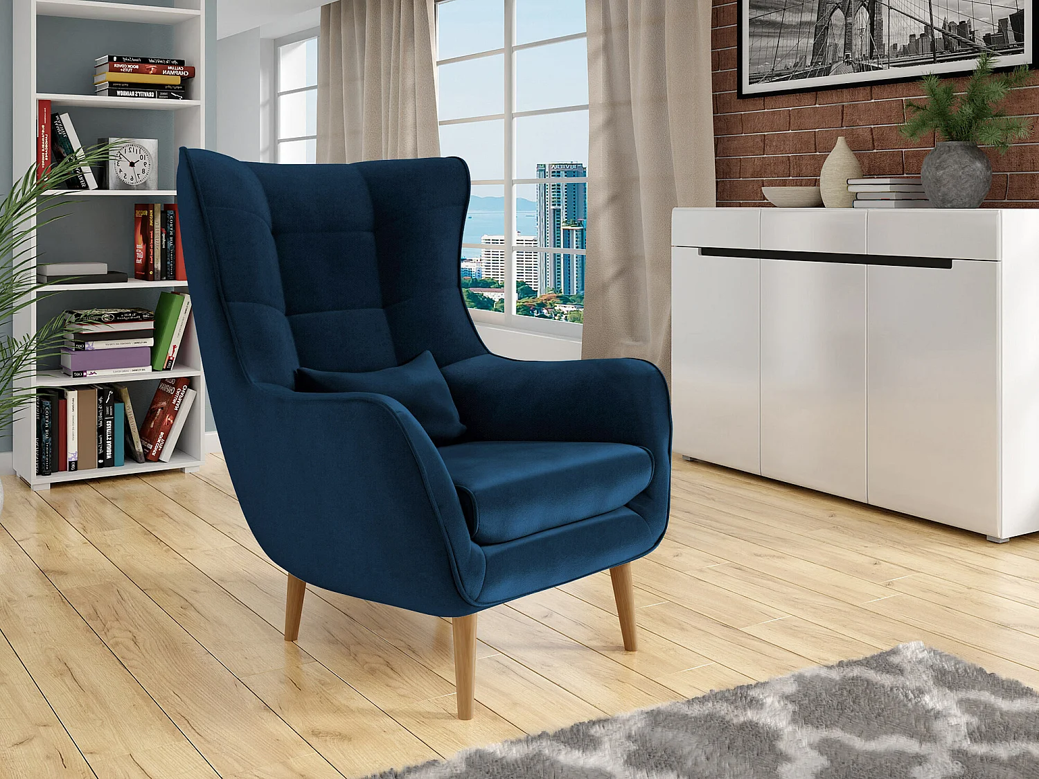 Fauteuil Comfivo 204, Bleu, 106x80x95cm, Tapisserie, Pieds: Bois