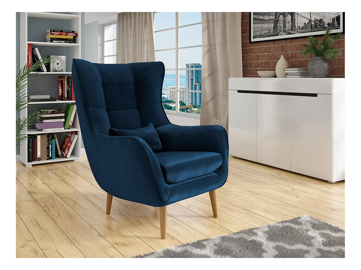 Sillón Comfivo 204, Azul, 106x80x95cm, Tapiz, Patas: Madera