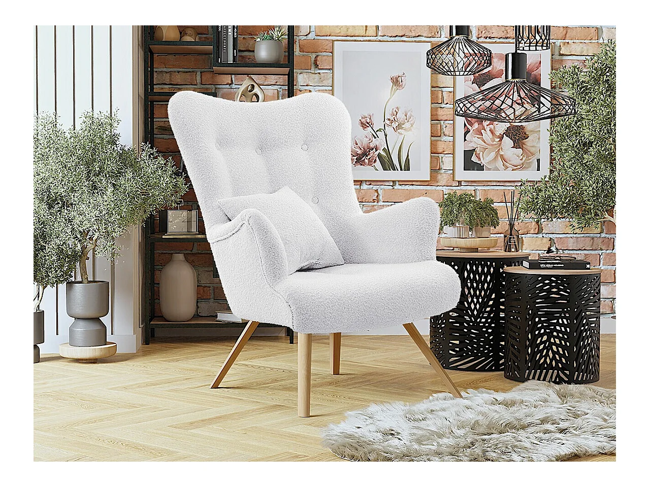 Fauteuil Clovis 106, Blanc, 100x76x90cm, Tapisserie, Pieds: Bois