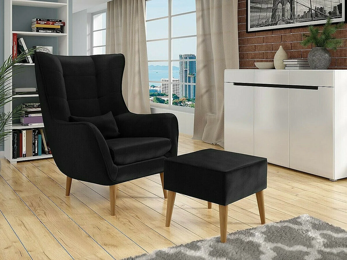 Sillón Comfivo 204, Negro, 106x80x95cm, Tapiz, Patas: Madera