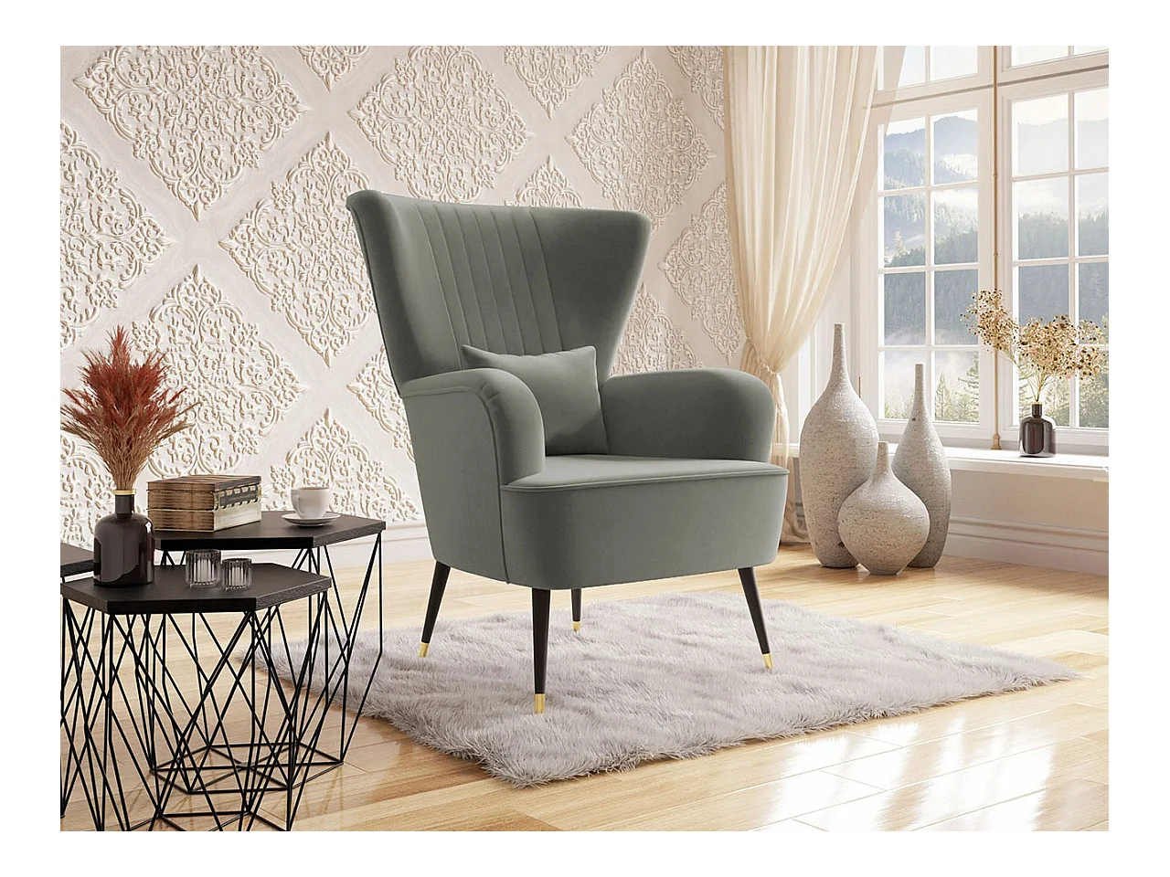 Fauteuil Orem 111, Gris, 103x82x85cm, Tapisserie, Pieds: Métal
