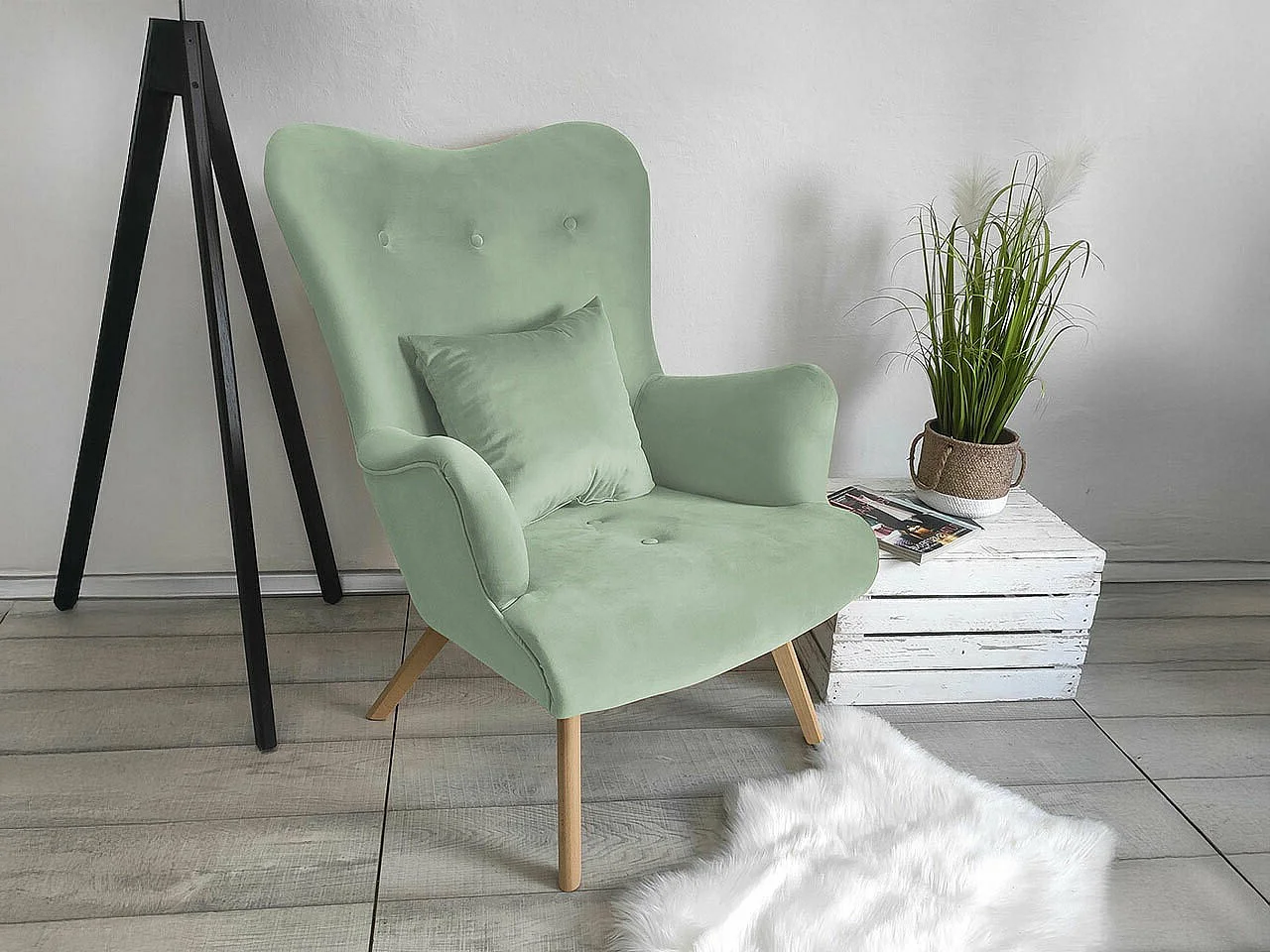 Fauteuil Clovis 102, Turquoise, 100x76x90cm, Tissu, Pieds: Bois