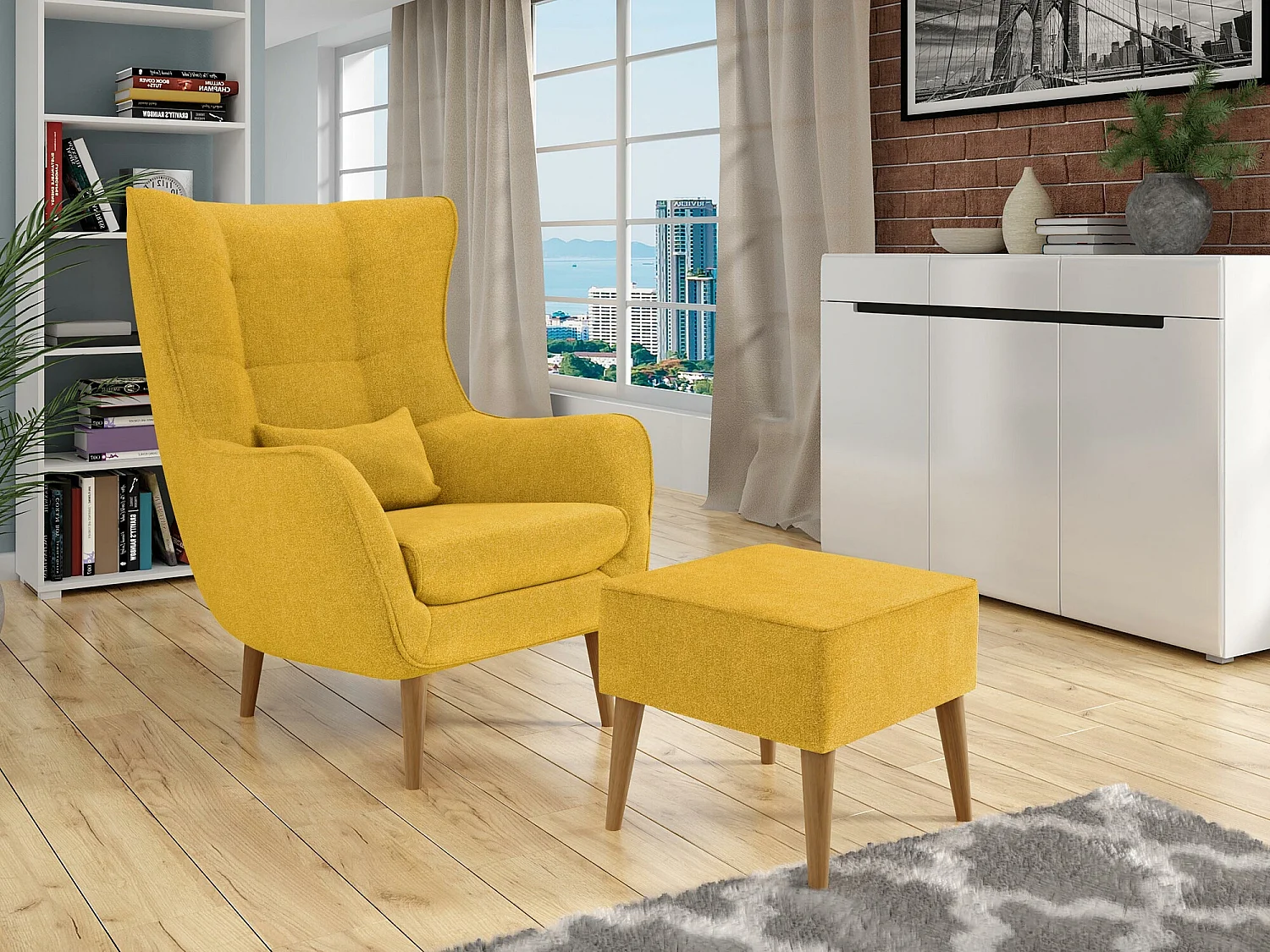 Sillón Comfivo 206, Amarillo, 106x80x95cm, Tapiz, Patas: Madera