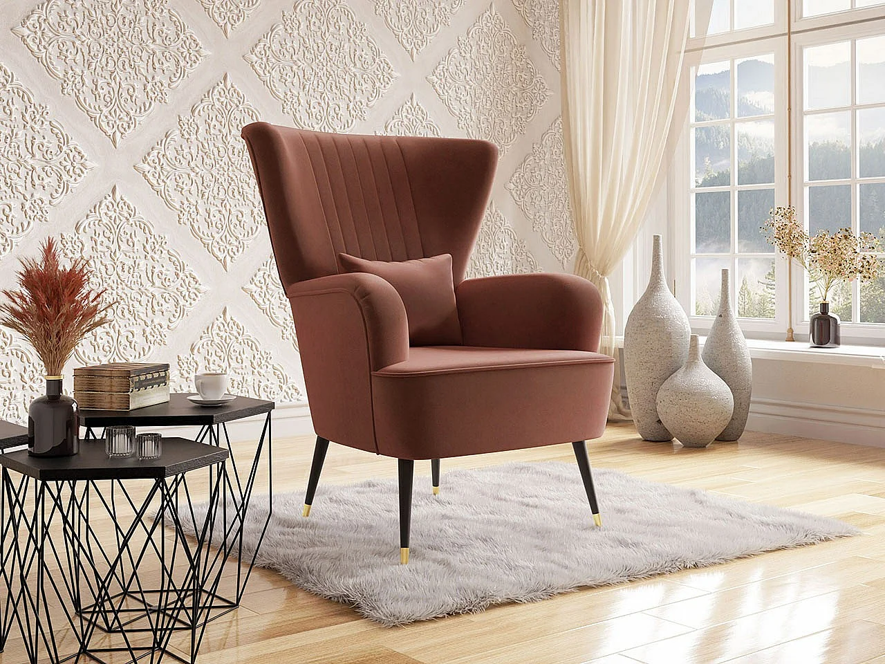 Fauteuil Orem 111, Rose, 103x82x85cm, Tapisserie, Pieds: Métal