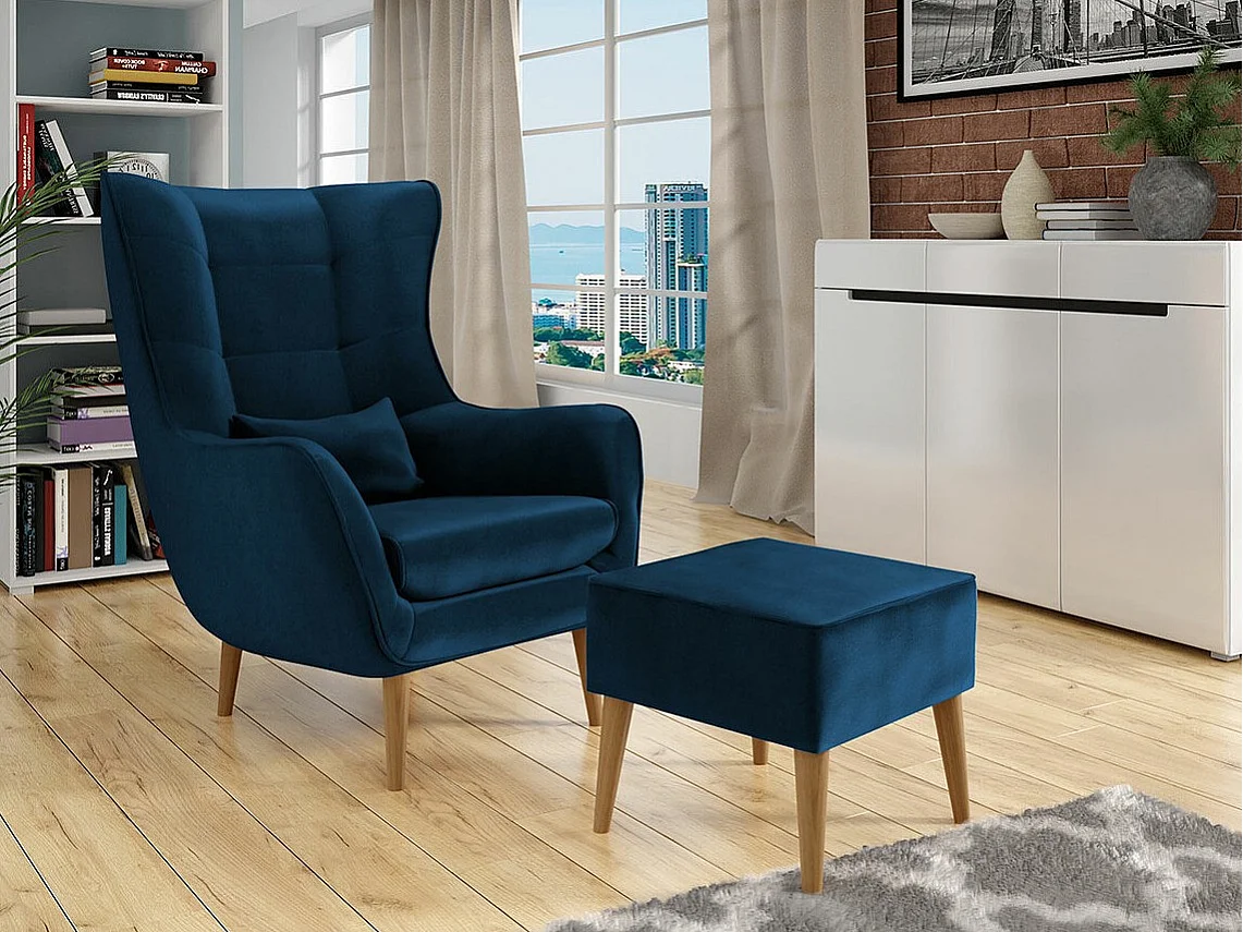 Fauteuil Comfivo 206, Bleu, 106x80x95cm, Tapisserie, Pieds: Bois