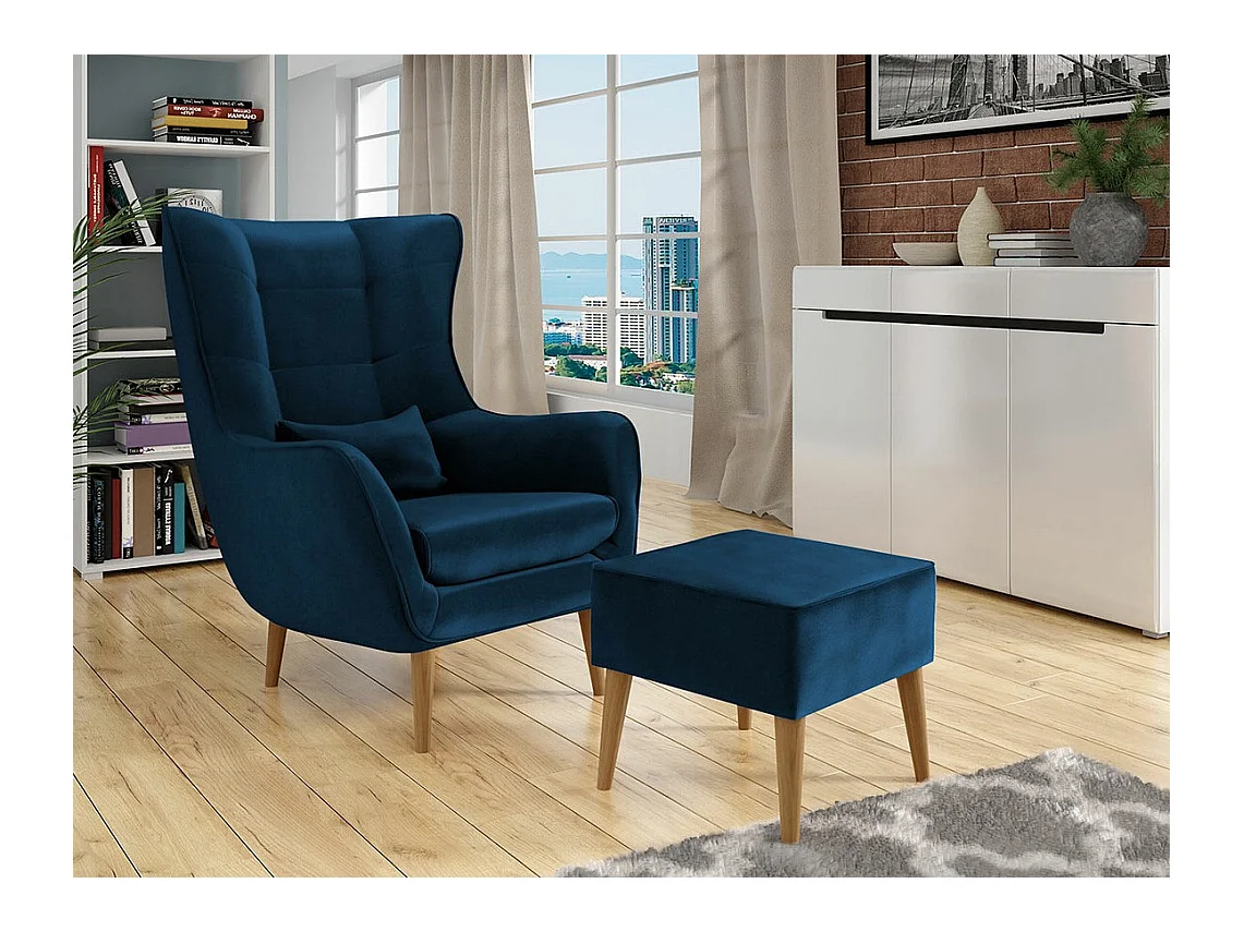Sillón Comfivo 206, Azul, 106x80x95cm, Tapiz, Patas: Madera