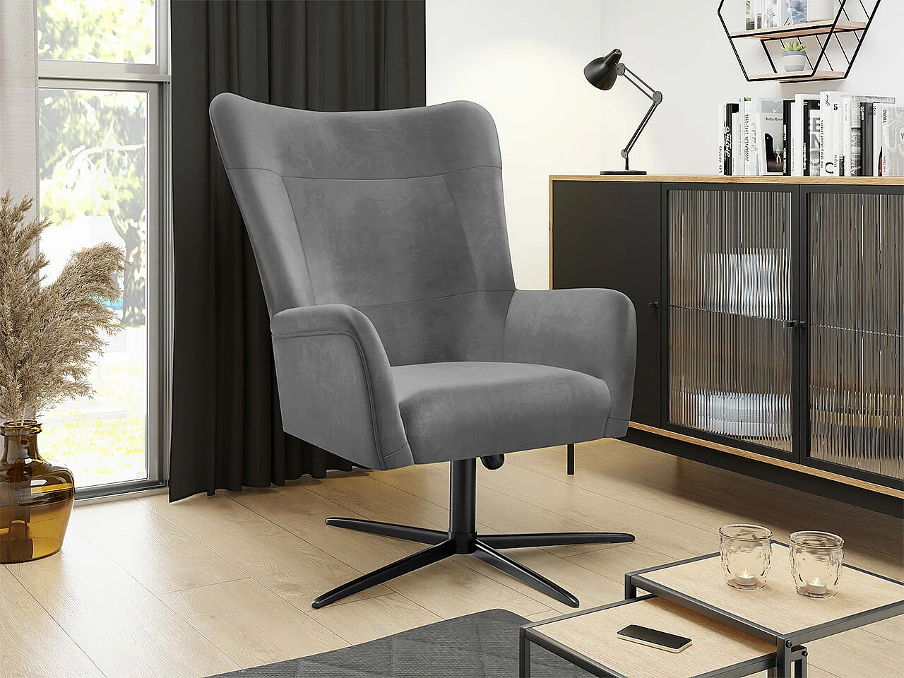 Fauteuil Marana 100, Gris, 95x75x83cm, Tapisserie, Pieds: Métal