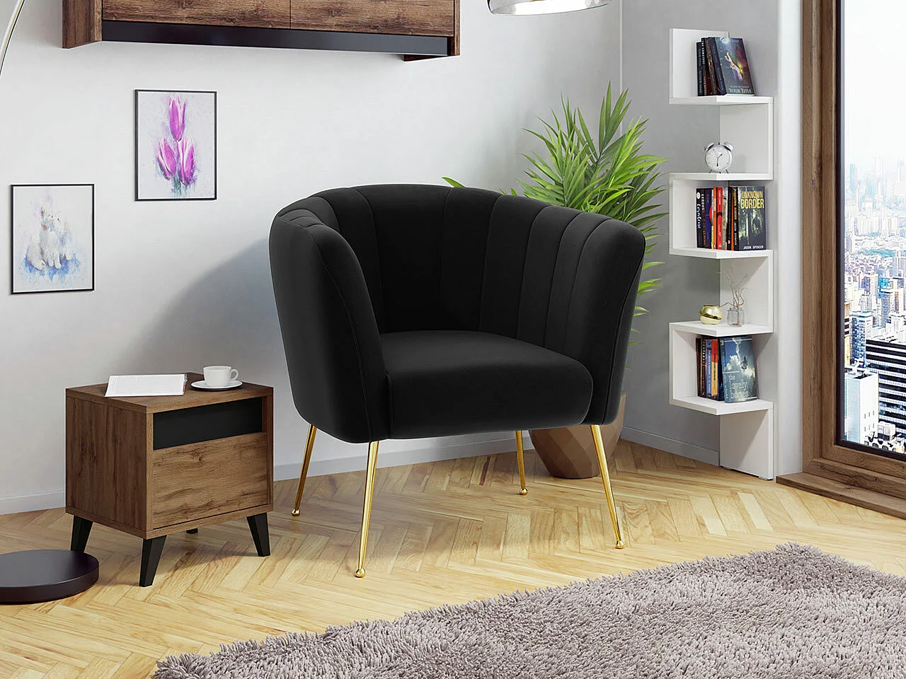 Fauteuil Orem 112, Noir, 83x85x82cm, Tapisserie, Pieds: Métal