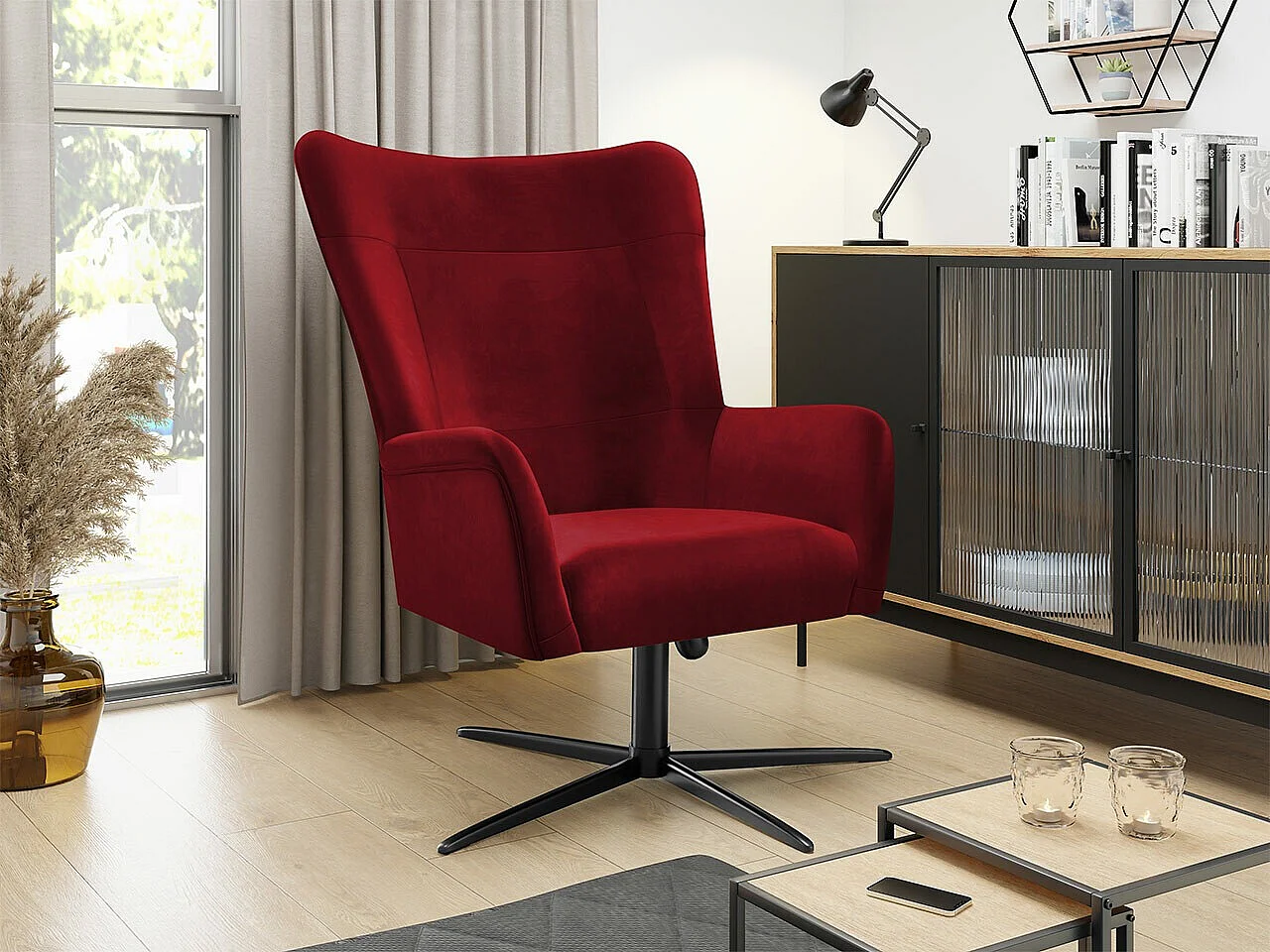 Fauteuil Marana 100, Rouge, 95x75x83cm, Tissu, Pieds: Métal
