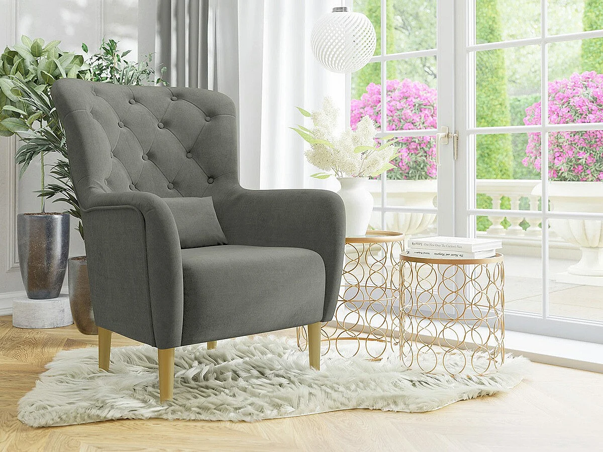 Fauteuil Orem 113, Gris, 105x82x89cm, Tapisserie, Pieds: Bois