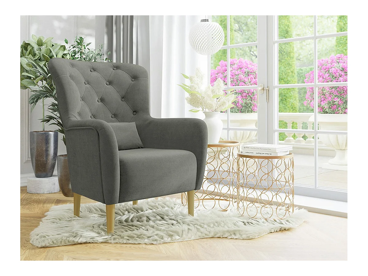 Fauteuil Orem 113, Gris, 105x82x89cm, Tapisserie, Pieds: Bois