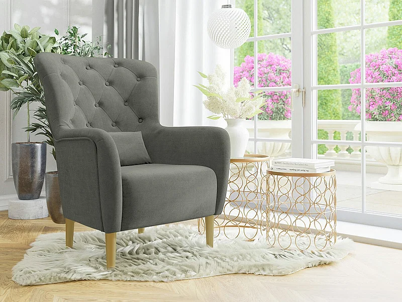 Fauteuil Orem 113, Gris, 105x82x89cm, Tissu, Pieds: Bois