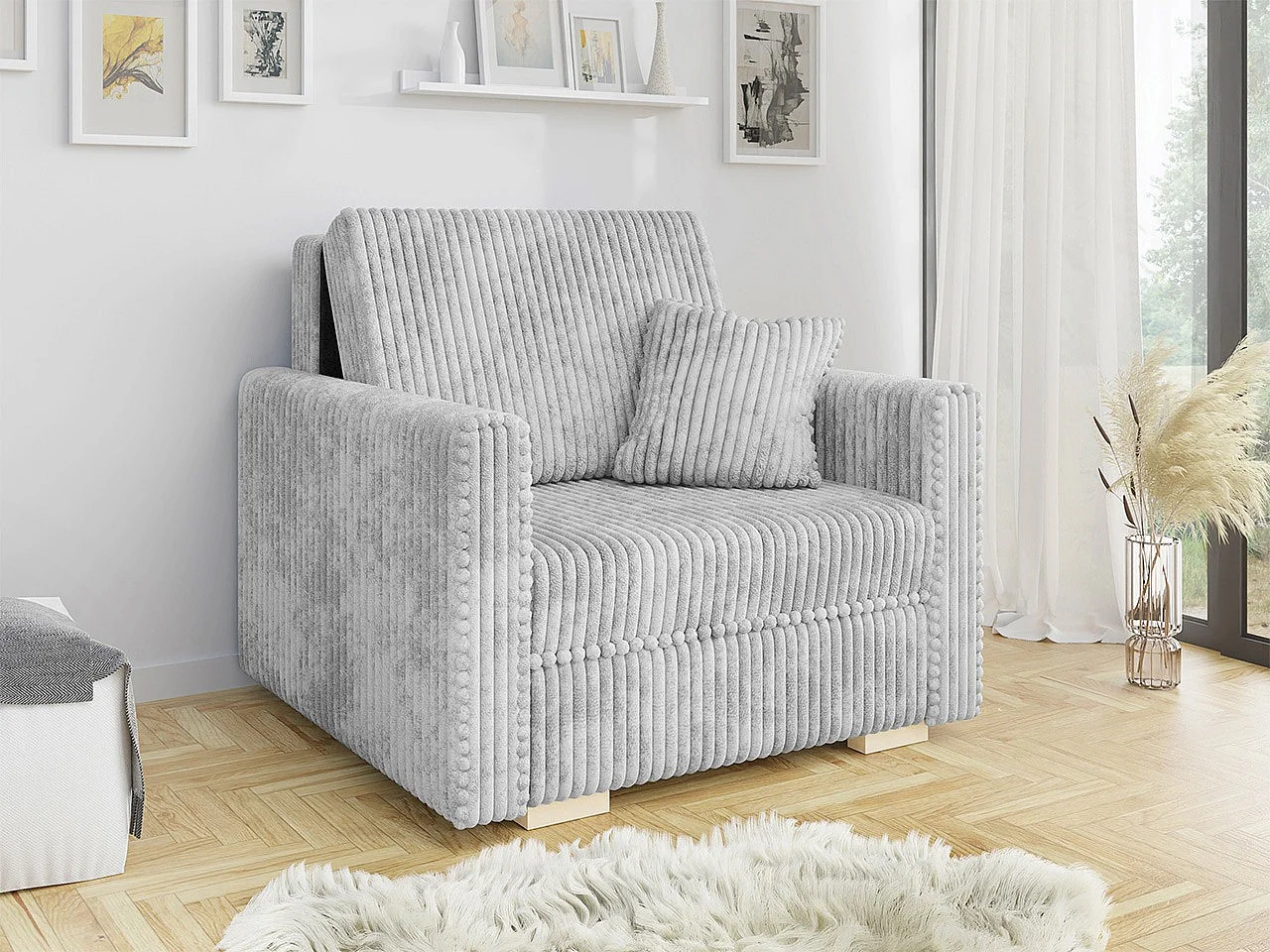 Fauteuil Columbus 207, Gris, 85x103x100cm, Tapisserie, Pieds: Bois