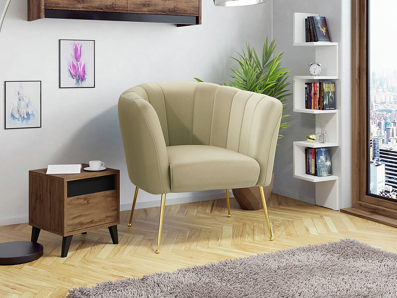 Fauteuil Orem 112, Brun clair, 83x85x82cm, Tissu, Pieds: Métal