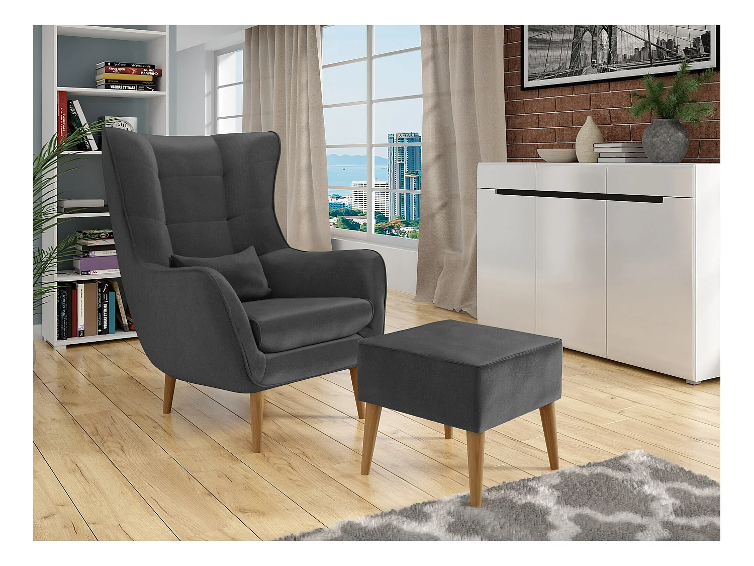 Sillón Comfivo 206, Gris, 106x80x95cm, Tapiz, Patas: Madera