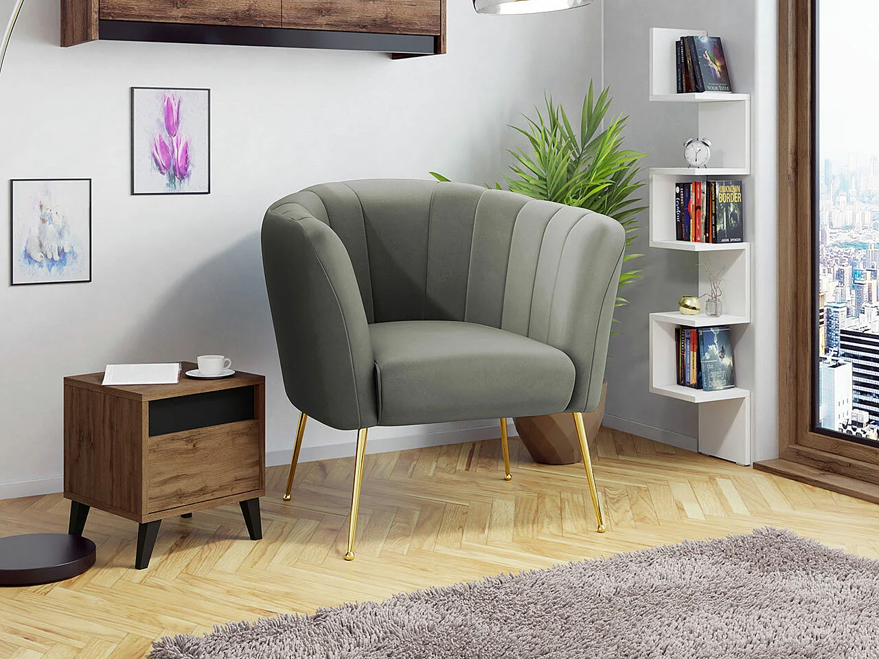 Fauteuil Orem 112, Gris, 83x85x82cm, Tapisserie, Pieds: Métal