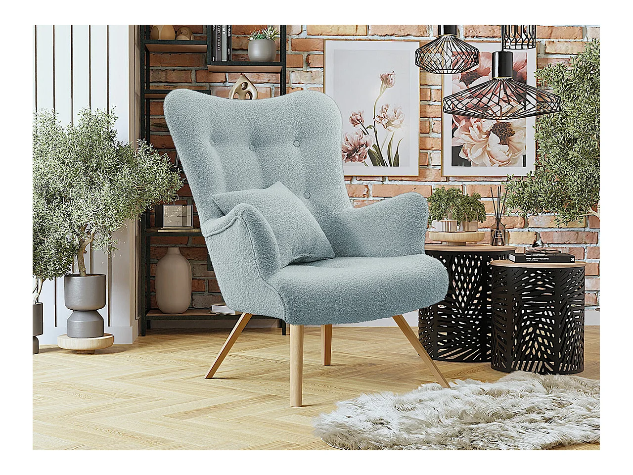Fauteuil Clovis 106, Turquoise, 100x76x90cm, Tapisserie, Pieds: Bois