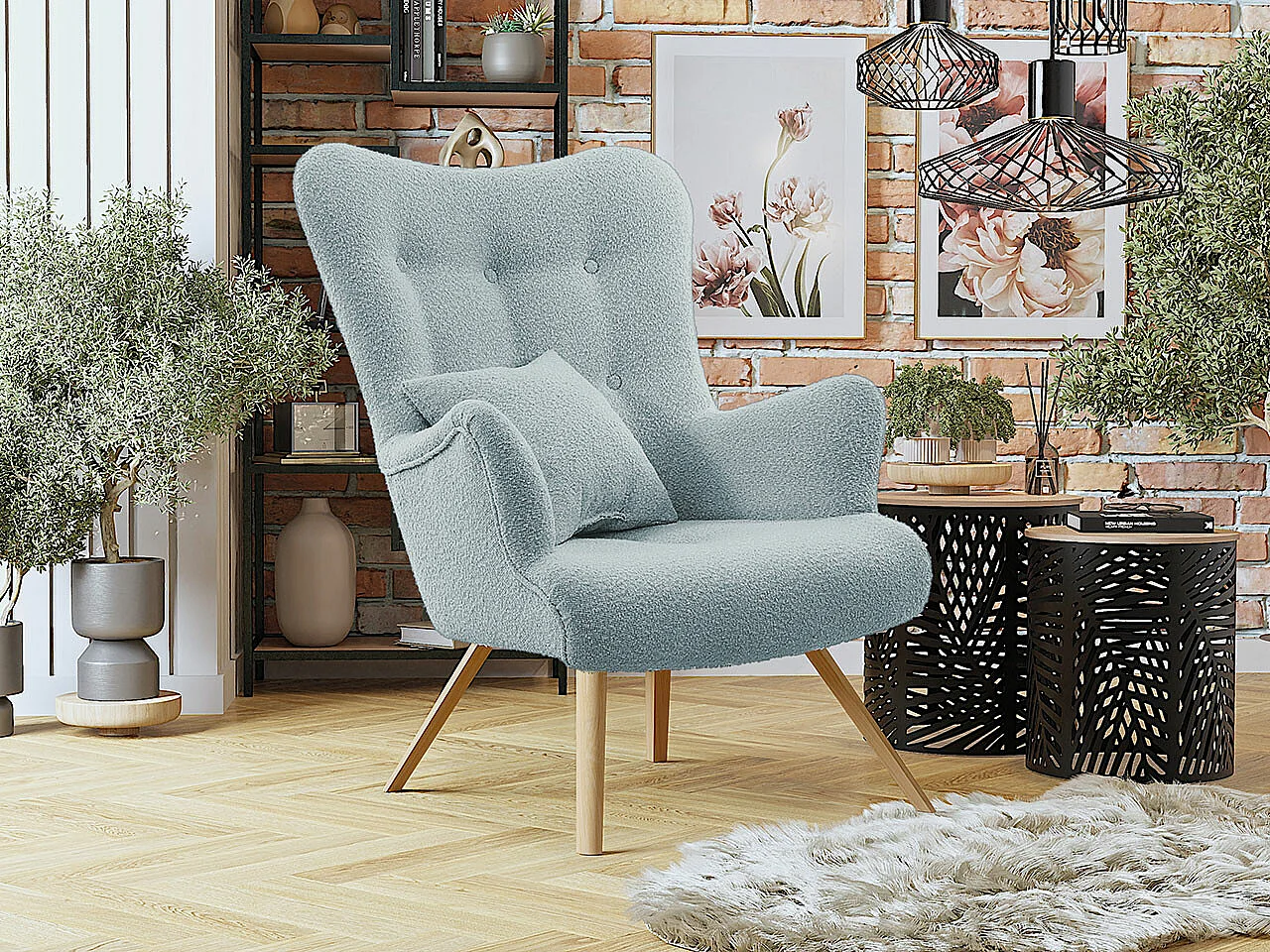 Fauteuil Clovis 106, Turquoise, 100x76x90cm, Tissu, Pieds: Bois