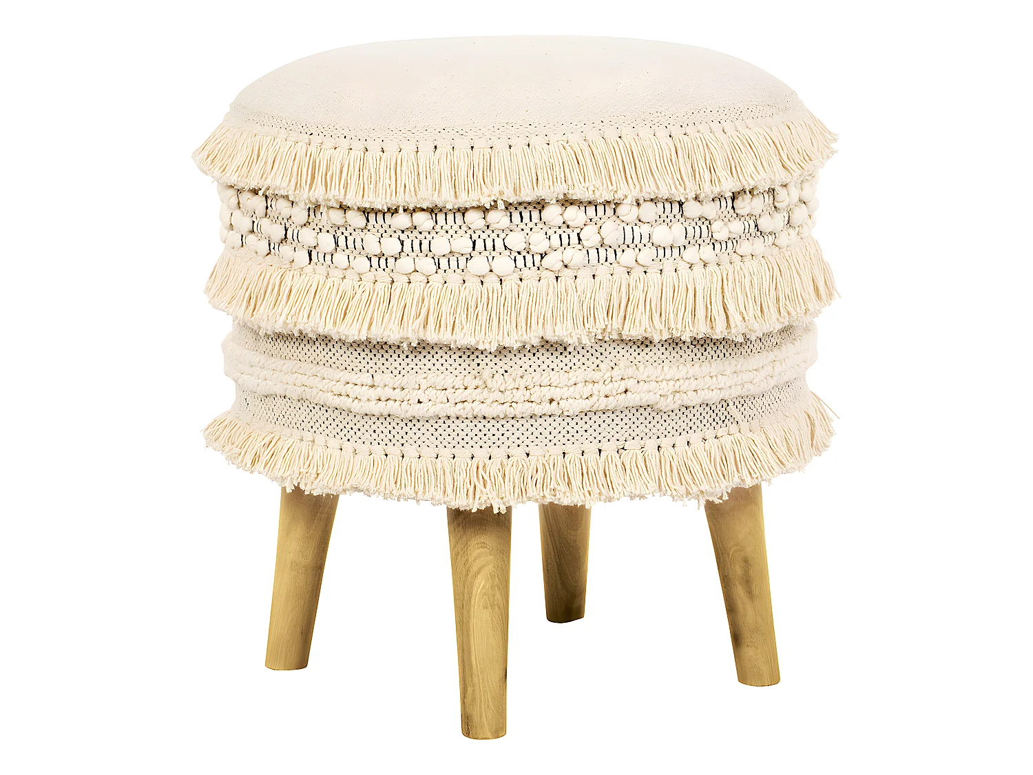 Tabouret Pouf Rond - Style Boho Bali - Jenny  Blanc