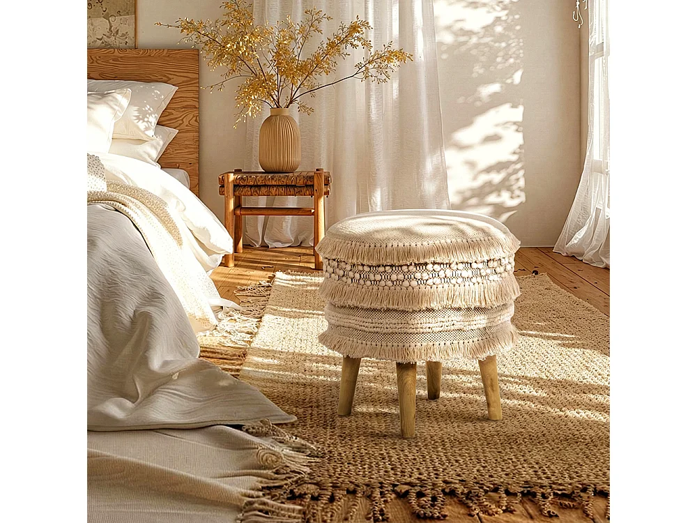 Tabouret Pouf Rond - Style Boho Bali - Jenny  Blanc