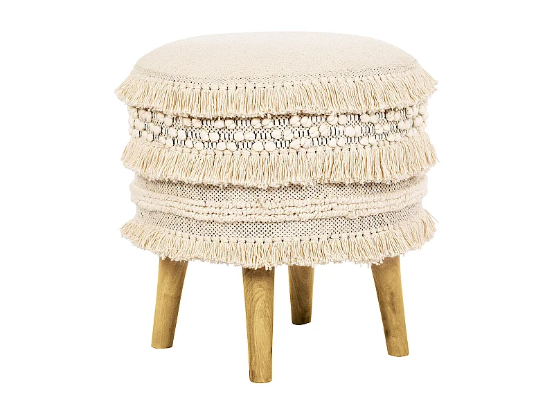 Tabouret Pouf Rond - Style Boho Bali - Jenny  Blanc