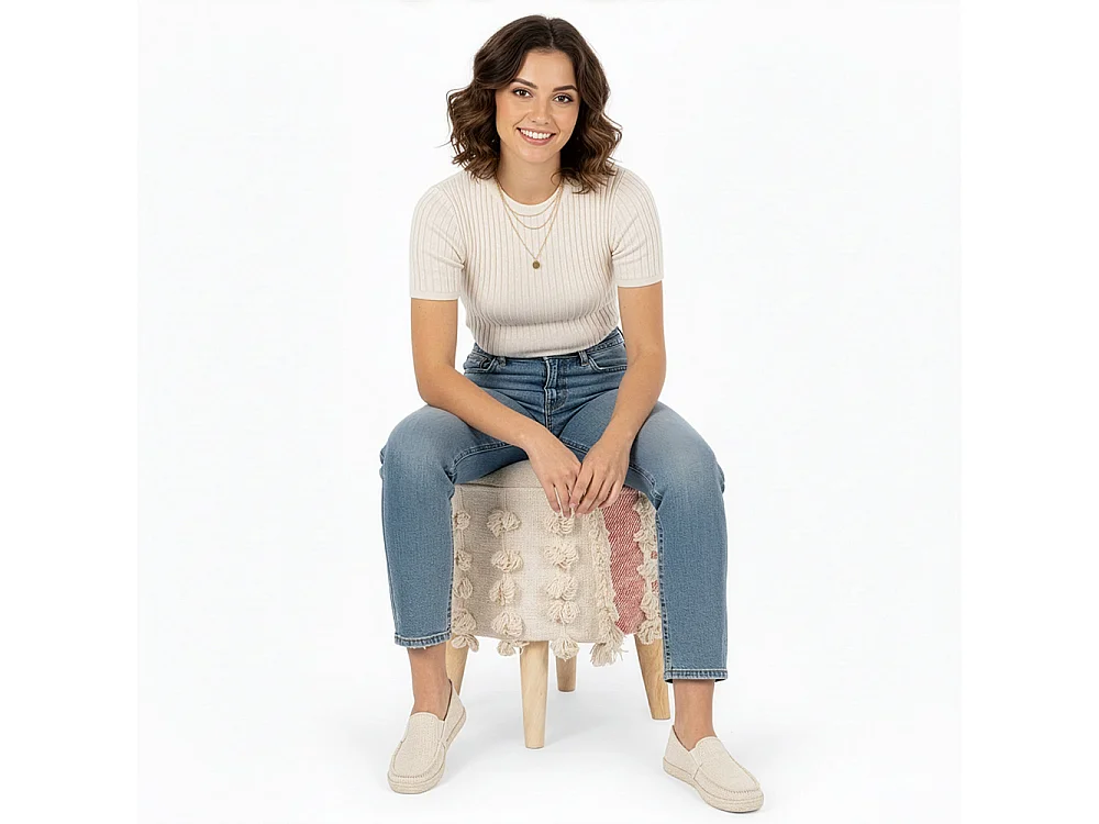 Taburete Puff Redondo - Estilo Boho Bali - Batty  Beige